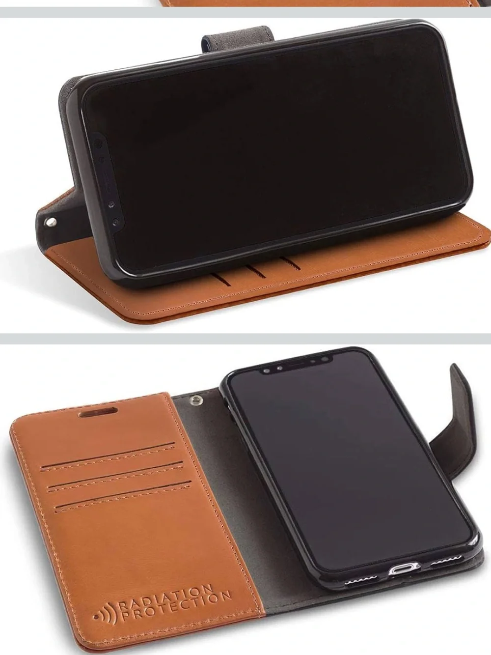 SafeSleeve Leather Wallet Case iPhone 15 Plus RFID EMF Blocker Brown